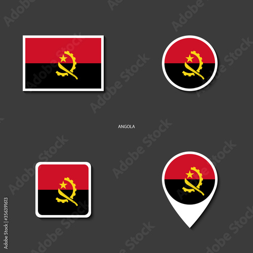 Angola flag icon set in different shape  rectangle  circle  square and marker icon  on dark grey background. Angola sticker flag collection on barely dark background.