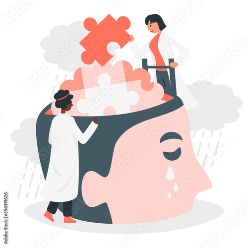 Doctor and neurologist offer care and treatment for mental health and psychological issues. This therapy aims to treat patient sadness by piecing together their mind