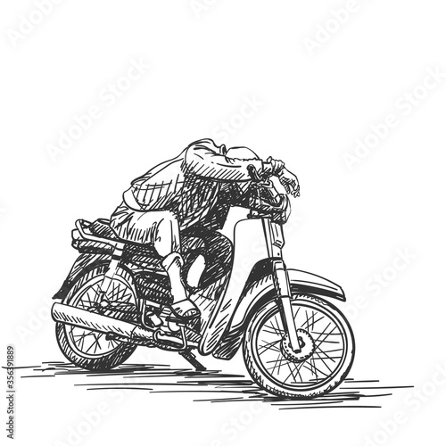 Man is taking a nap on his motorbike. Vietnam. Hand drawn isolated illustration, vector sketch.