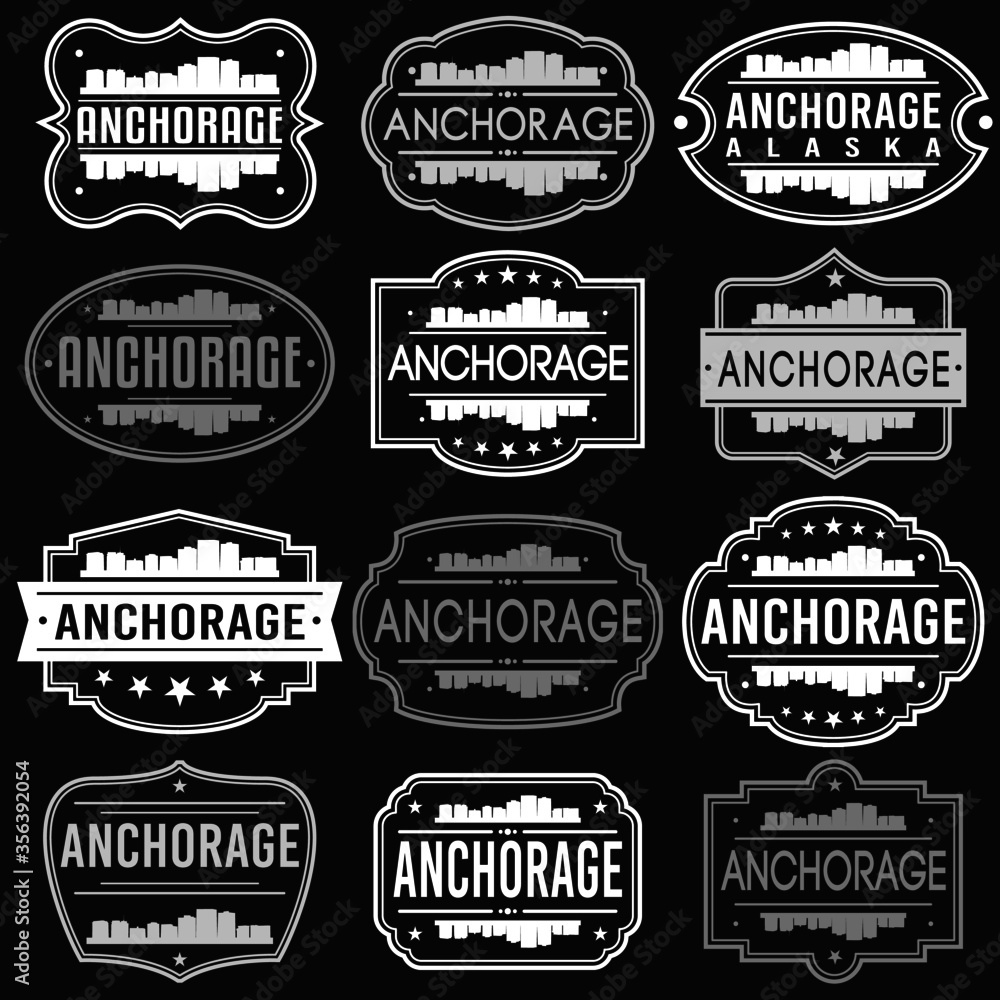 Anchorage Alaska Skyline. Premium Quality Stamp Frames. Grunge Design. Icon Art Vector. Old Style Frames.