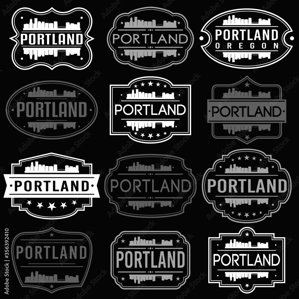 Portland Oregon Skyline. Premium Quality Stamp Frames. Grunge Design. Icon Art Vector. Old Style Frames.