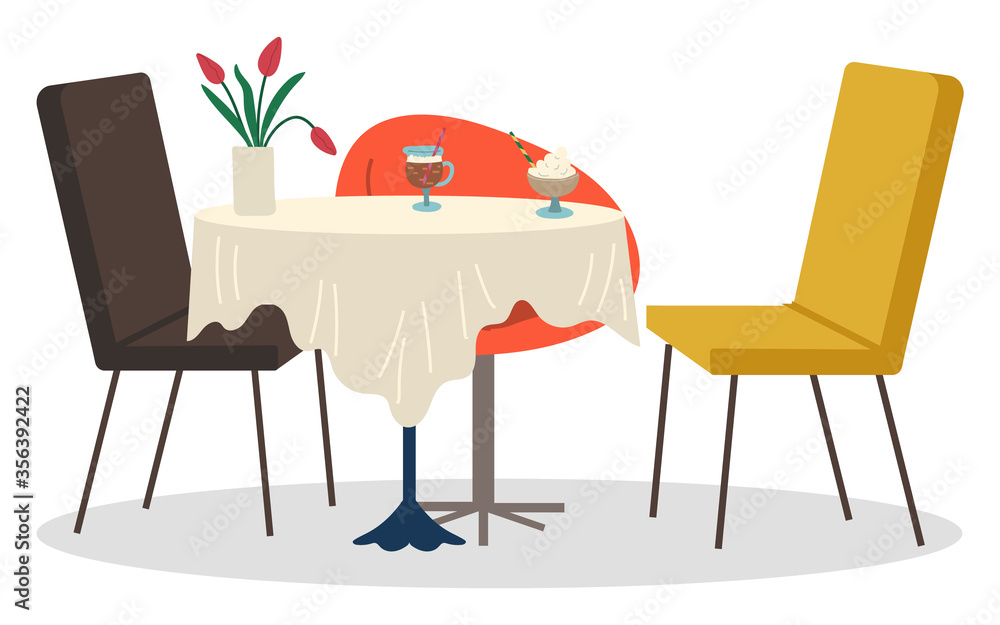 Fototapeta premium Chairs near single leg table for meal and drinks. Place for date in cafeteria, interior of cafe. Desk with flowers, dessert and coffee. Vector illustration of furniture in coffeehouse in flat style