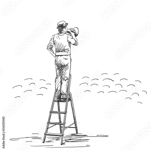 Man in bowler hat speaking through megaphone while standing on stepladder, Vector sketch Hand drawn illustration