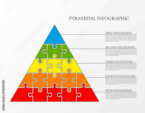 five levels pyramid puzzle presentation infographic template with explanatory text field for business statistics illustration