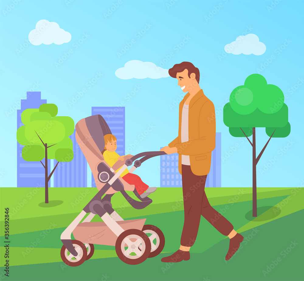 Daddy spending time with child vector, father and offspring sitting in perambulator, city walk, town with park and greenery trees, parenting and care, concept for Father day