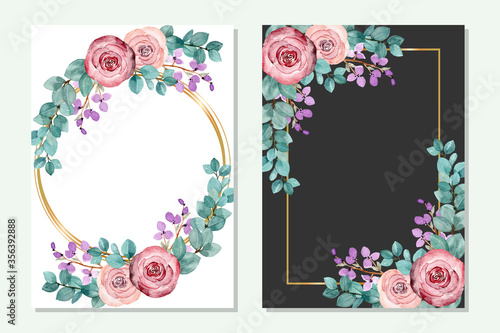 multipurpose gold frame with flowers and green leaves in a watercolor style