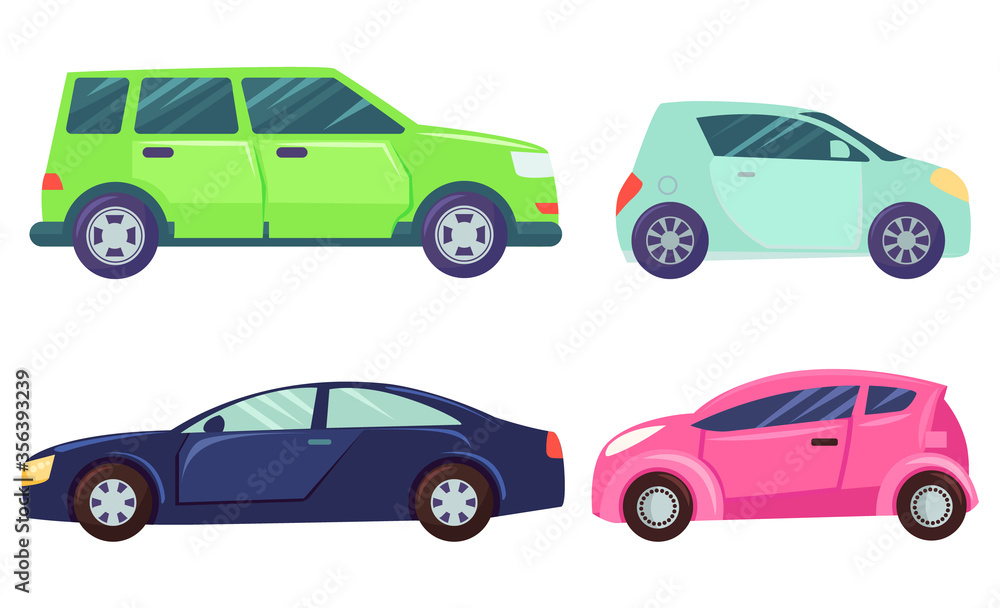 Minicar vector, isolated set of vehicles of different color and size flat style. Ecological transports in city, eco-friendly automobiles transportation illustration in flat style design for web, print