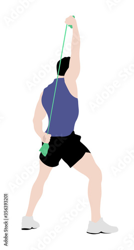 Isolated muscled fit body man standing, exercising triceps with an elastic. Gym, fitness training.