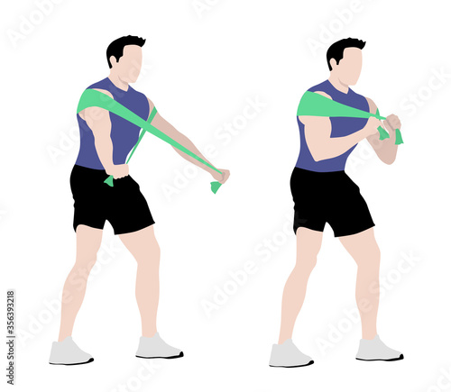 Isolated fit muscled man standing and training triceps with an elastic. Gym, sport, fitness. Flat style vector illustration.