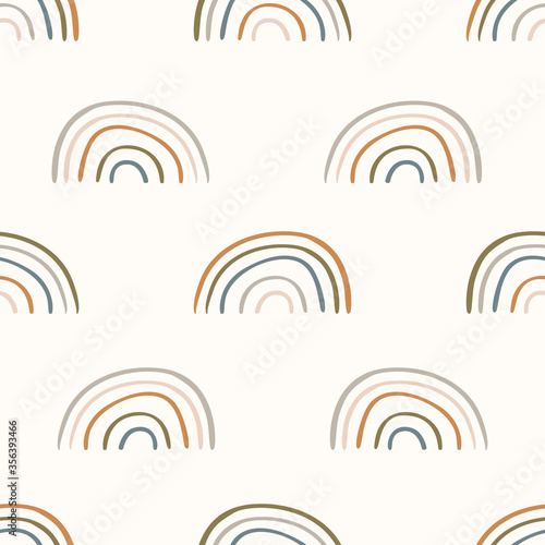 Seamless background rainbow gender neutral baby pattern. Simple whimsical minimal earthy 2 tone color. Kids nursery wallpaper or boho fashion all over print. 