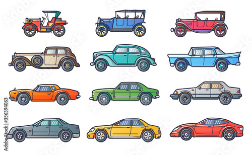 Car history illustration in flat line trendy style. Evolution with retro and vintage car. Line art. photo