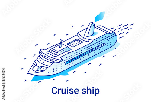 Cruise ship illustration in linear isometric style. Minimal art line.
