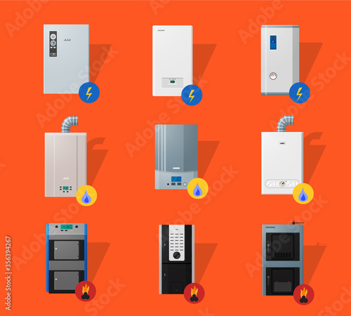 Different boilers icons set in detailed flat style. Electrical, gas and solid fuel boilers. Efficient house concept. Labels simply removable.