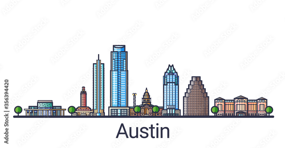 Banner of Austin city in flat line trendy style. Austin city line art. All buildings separated and customizable.