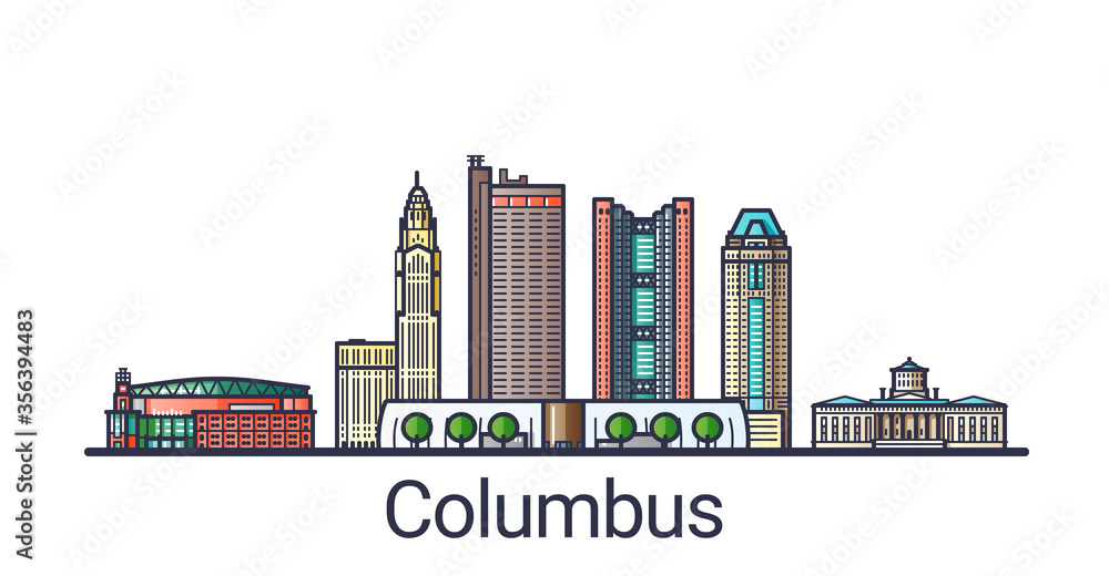 Obraz premium Banner of Columbus city in flat line trendy style. Columbus city line art. All buildings separated and customizable.