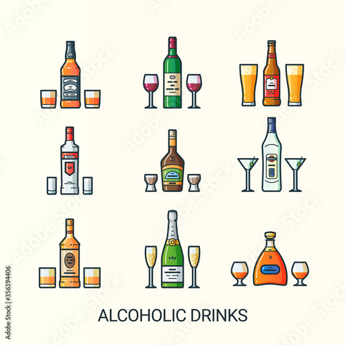 Alcoholic drinks icons in flat line trendy style. Cups for different drinks. Line art. Whiskey, wine, beer and vodka. Liquor, vermouth and rum. Champagne and cognac.