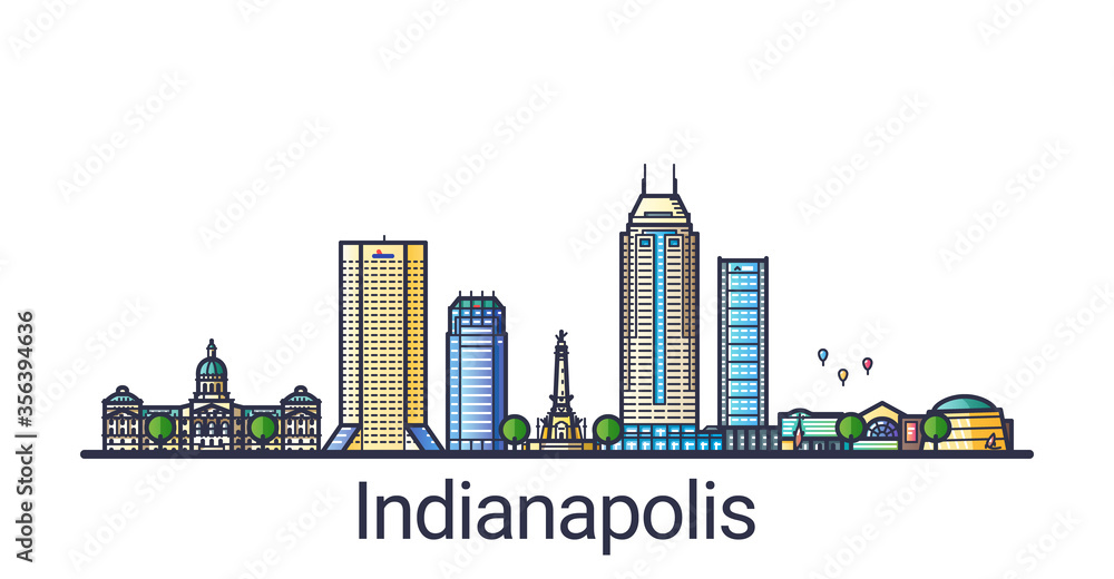 Banner of Indianapolis city in flat line trendy style. Indianapolis city line art. All buildings separated and customizable.