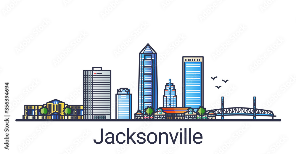 Banner of Jacksonville city in flat line trendy style. Jacksonville city line art. All buildings separated and customizable.