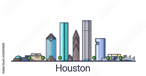 Banner of Houston city in flat line trendy style. Houston city line art. All buildings separated and customizable.