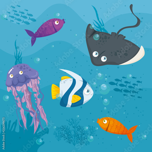 stingray animal marine in ocean, with cute underwater creatures,habitat marine vector illustration design