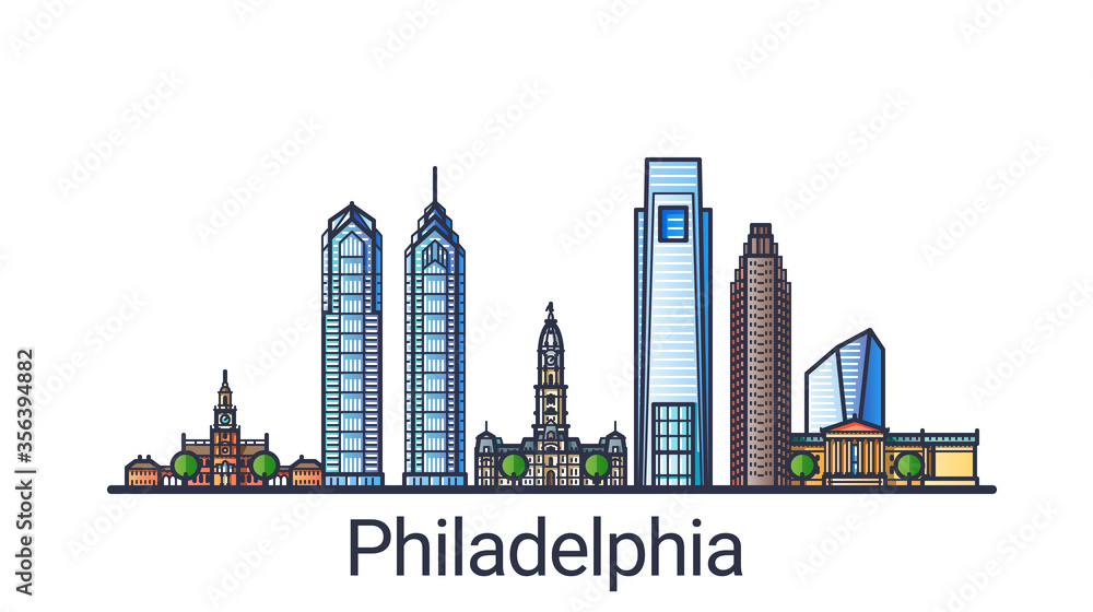Banner of Philadelphia city in flat line trendy style. Philadelphia city line art. All buildings separated and customizable.