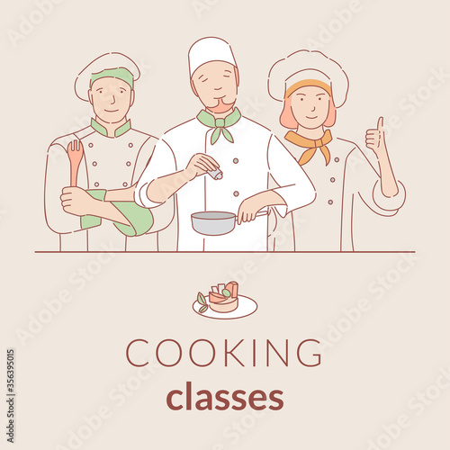 Cooking classes vector banner template with text space. Culinary courses cartoon outline poster design.