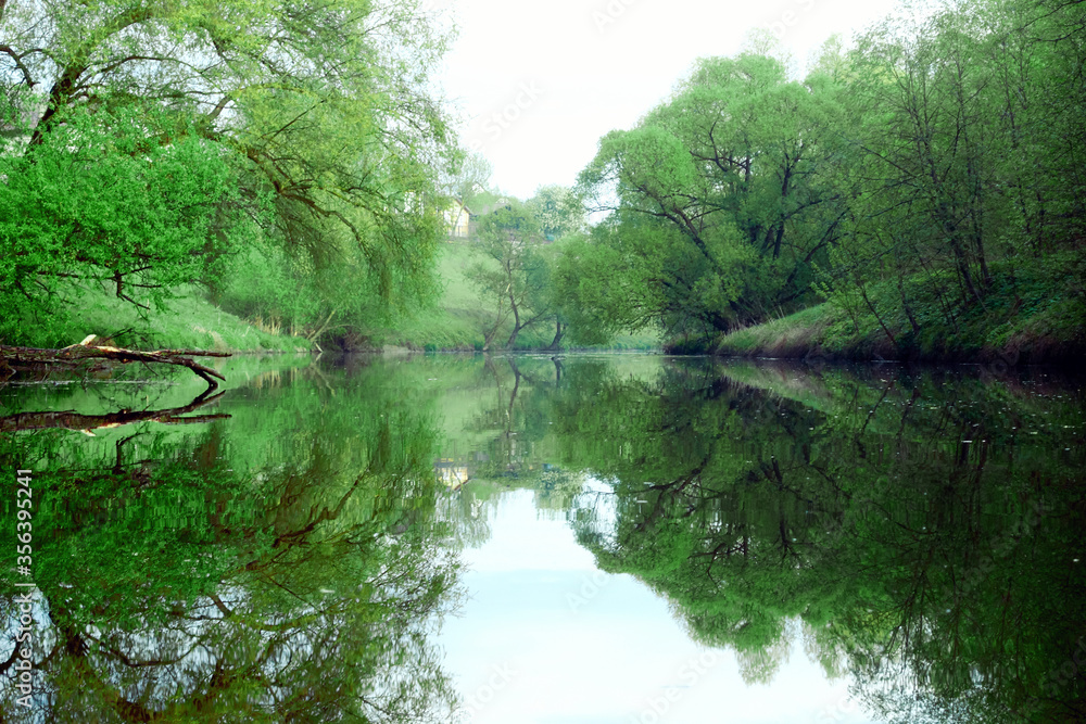 Reflection of green trees and banks in a calm river in the summer. River rafting in summer. Packrafting in wilderness.