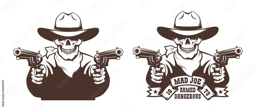 Cowboy Skull wild west gunfighter tattoo. Skeleton bandit with guns ...