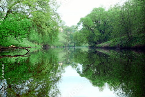 Fototapeta Naklejka Na Ścianę i Meble -  Reflection of green trees and banks in a calm river in the summer. River rafting in summer. Packrafting in wilderness.