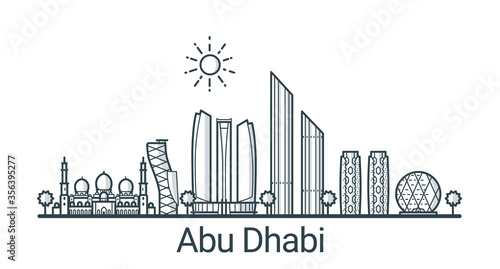Linear banner of Abu Dhabi city. All buildings - customizable different objects with background fill, so you can change composition for your project. Line art.