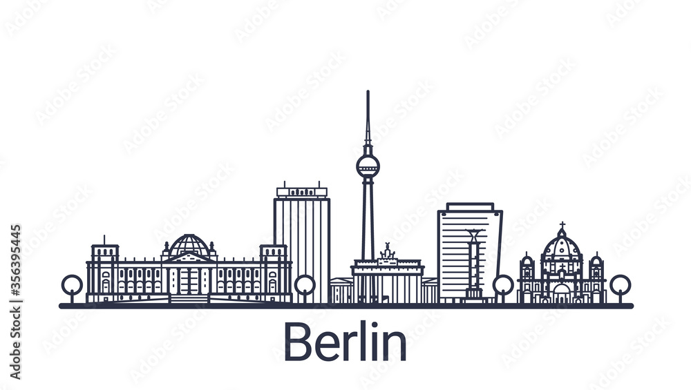 Linear banner of Berlin city. All Berlin buildings - customizable objects with opacity mask, so you can simple change composition and background fill. Line art.