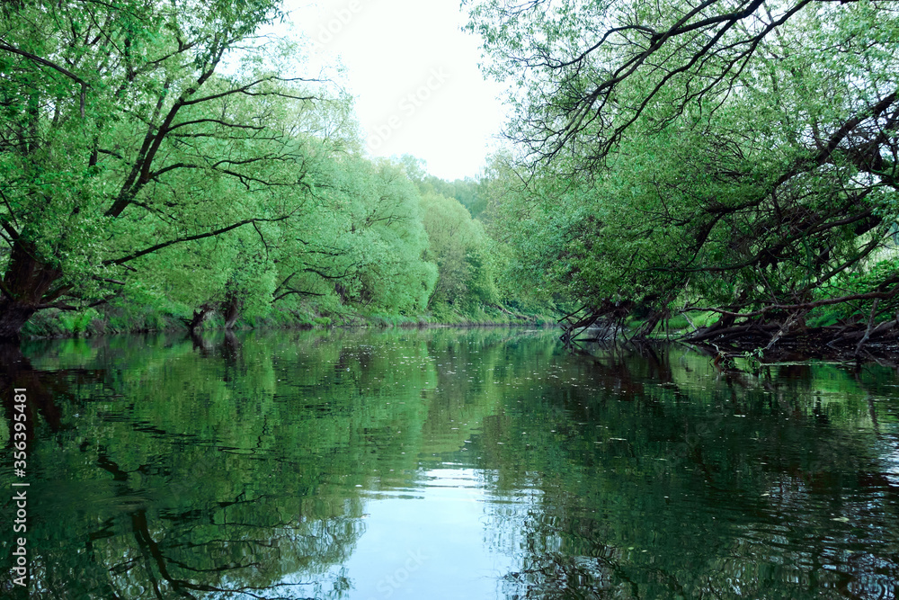 Reflection of green trees and banks in a calm river in the summer. River rafting in summer. Packrafting in wilderness. Reflection of green trees and banks in a calm river in the summer. River rafting in summer. Packrafting in wilderness.