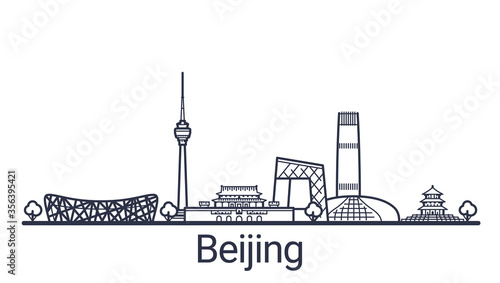 Linear banner of Beijing city. All Beijing buildings - customizable objects with opacity mask, so you can simple change composition and background fill. Line art.