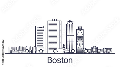 Linear banner of Boston city. All buildings - customizable different objects with clipping mask, so you can change background and composition. Line art.