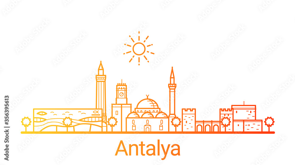 Antalya city colored gradient line. All Antalya buildings - customizable objects with opacity mask, so you can simple change composition and background fill. Line art.