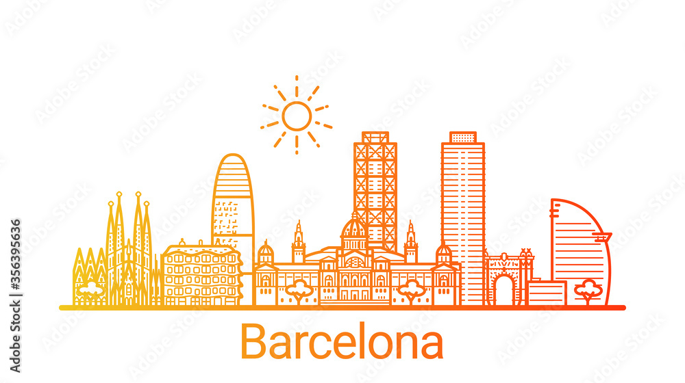 Barcelona city colored gradient line. All Barcelona buildings - customizable objects with opacity mask, so you can simple change composition and background fill. Line art.