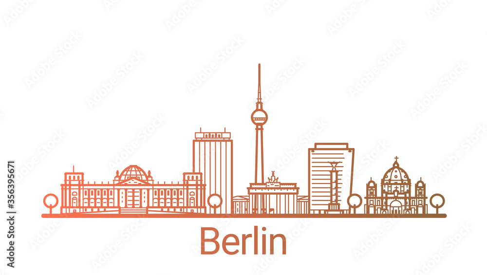 Berlin city colored gradient line. All Berlin buildings - customizable objects with opacity mask, so you can simple change composition and background fill. Line art.