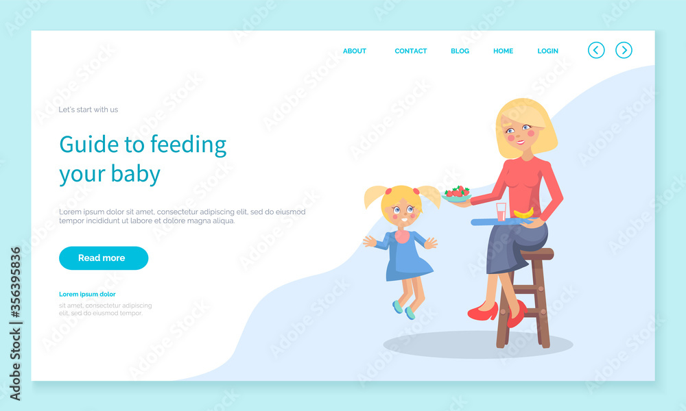 Guide to feed baby landing web page template vector. Mother sits on chair with tray and feeds her daughter with strawberries, banana and drink. Motherhood and parenting, bringing up child illustration