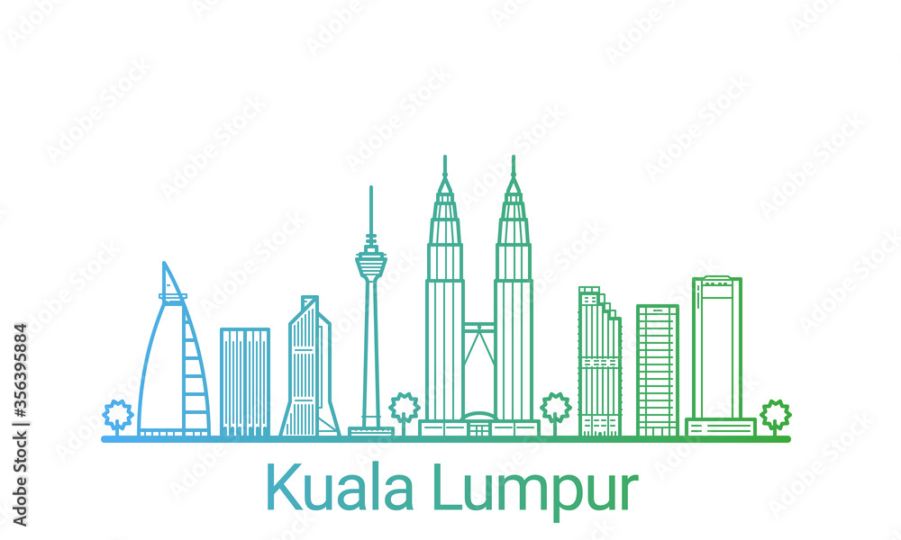 Kuala Lumpur city colored gradient line. All Kuala Lumpur buildings - customizable objects with opacity mask, so you can simple change composition and background fill. Line art.