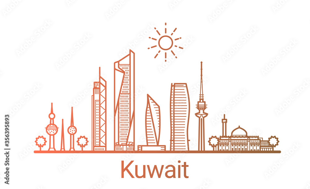 Kuwait city colored gradient line. All Kuwait buildings - customizable objects with opacity mask, so you can simple change composition and background fill. Line art.