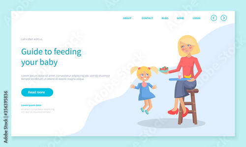 Guide to feed baby landing web page template vector. Mother sits on chair with tray and feeds her daughter with strawberries, banana and drink. Motherhood and parenting, bringing up child illustration