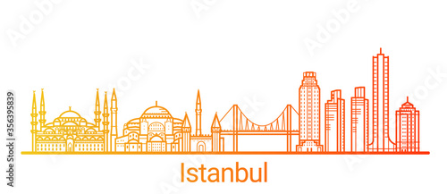 Istanbul city colored gradient line. All Istanbul buildings - customizable objects with opacity mask, so you can simple change composition and background fill. Line art.