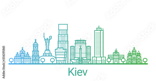 Kiev city colored gradient line. All Kiev buildings - customizable objects with opacity mask, so you can simple change composition and background fill. Line art.