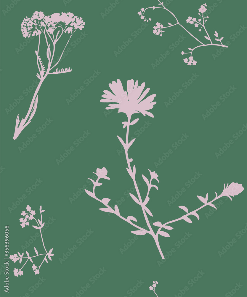 Two-tone floral vector seamless pattern with wild flowers. Pale pink flowers and leaves silhouette on a cool green background. For wrapping, fabric, wallpaper. 
