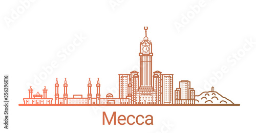 Mecca city colored gradient line. All Mecca buildings - customizable objects with opacity mask, so you can simple change composition and background fill. Line art.