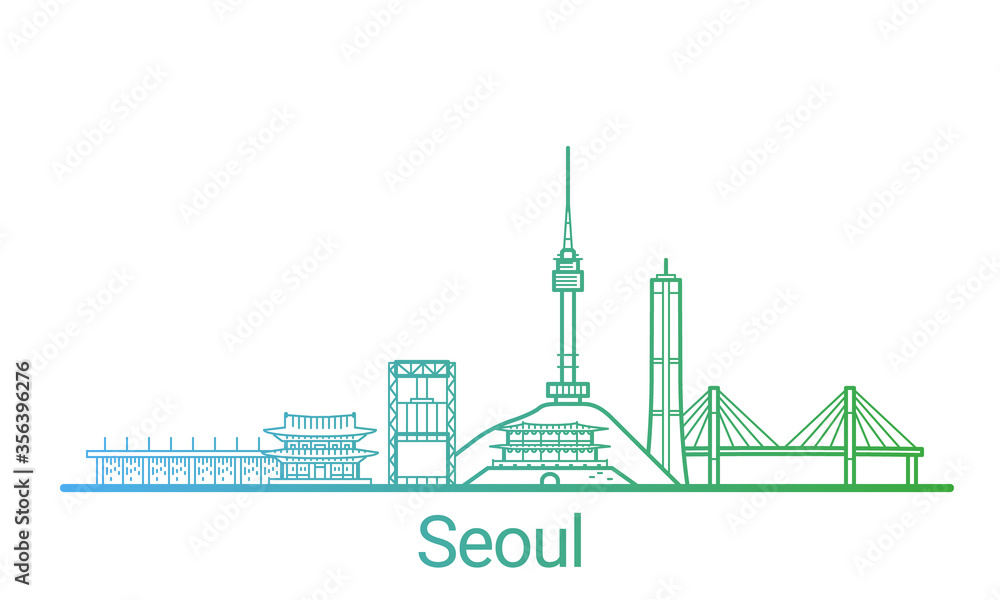 Seoul city colored gradient line. All Seoul buildings - customizable objects with opacity mask, so you can simple change composition and background fill. Line art.