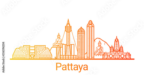 Pattaya city colored gradient line. All Pattaya buildings - customizable objects with opacity mask, so you can simple change composition and background fill. Line art.