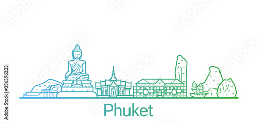 Phuket city colored gradient line. All Phuket buildings - customizable objects with opacity mask, so you can simple change composition and background fill. Line art.