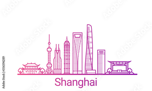 Shanghai city colored gradient line. All Shanghai buildings - customizable objects with opacity mask, so you can simple change composition and background fill. Line art.