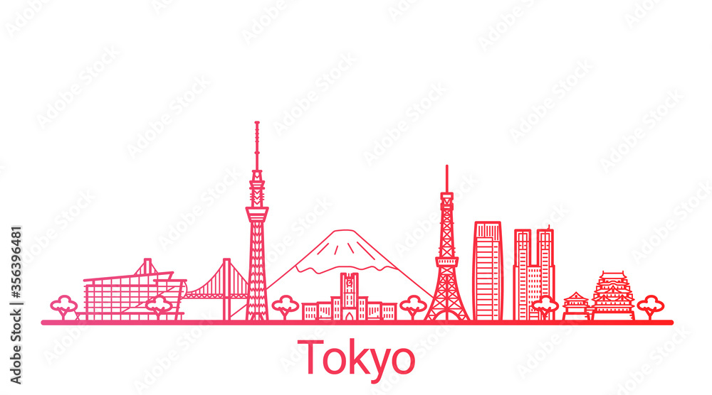 Tokyo city colored gradient line. All Tokyo buildings - customizable objects with opacity mask, so you can simple change composition and background fill. Line art.